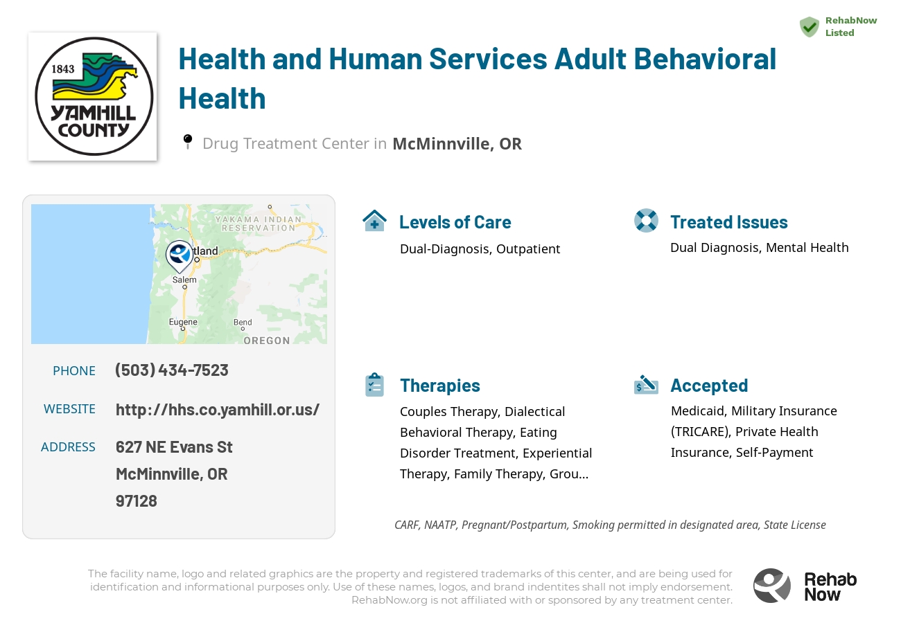 Helpful reference information for Health and Human Services Adult Behavioral Health, a drug treatment center in Oregon located at: 627 NE Evans St, McMinnville, OR 97128, including phone numbers, official website, and more. Listed briefly is an overview of Levels of Care, Therapies Offered, Issues Treated, and accepted forms of Payment Methods.