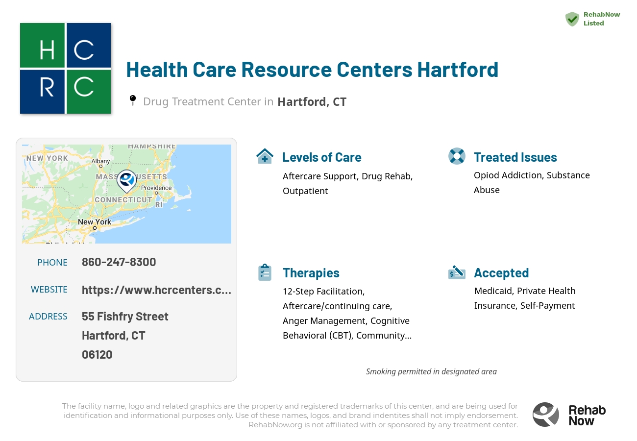 Helpful reference information for Health Care Resource Centers Hartford, a drug treatment center in Connecticut located at: 55 Fishfry Street, Hartford, CT 06120, including phone numbers, official website, and more. Listed briefly is an overview of Levels of Care, Therapies Offered, Issues Treated, and accepted forms of Payment Methods.