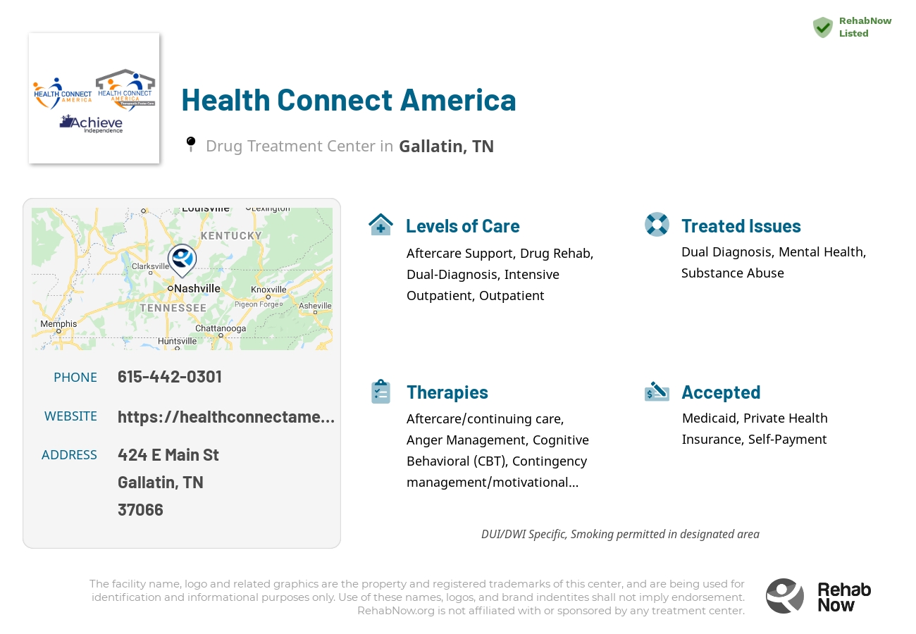 Helpful reference information for Health Connect America, a drug treatment center in Tennessee located at: 424 E Main St, Gallatin, TN 37066, including phone numbers, official website, and more. Listed briefly is an overview of Levels of Care, Therapies Offered, Issues Treated, and accepted forms of Payment Methods.