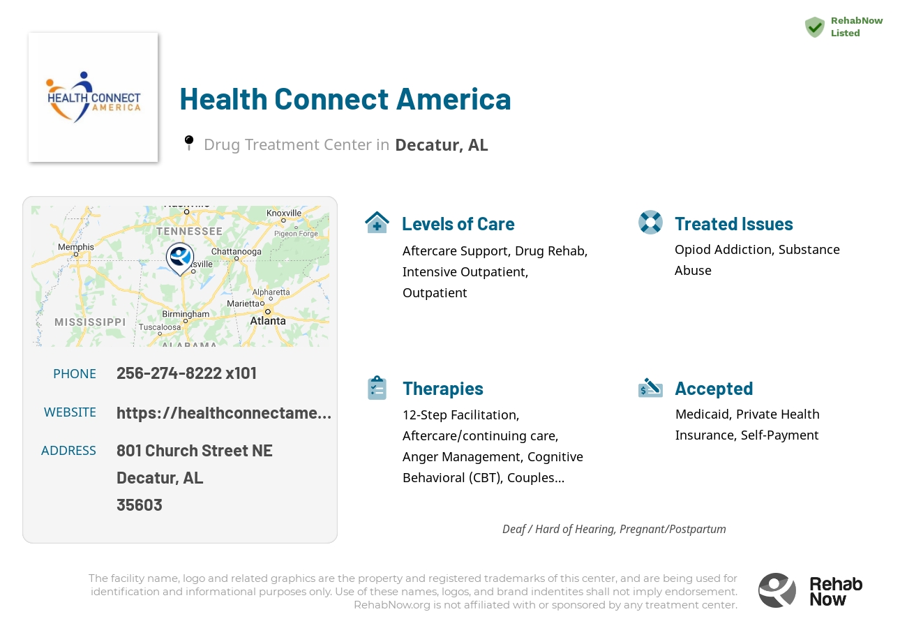 Helpful reference information for Health Connect America, a drug treatment center in Alabama located at: 801 Church Street NE, Decatur, AL 35603, including phone numbers, official website, and more. Listed briefly is an overview of Levels of Care, Therapies Offered, Issues Treated, and accepted forms of Payment Methods.
