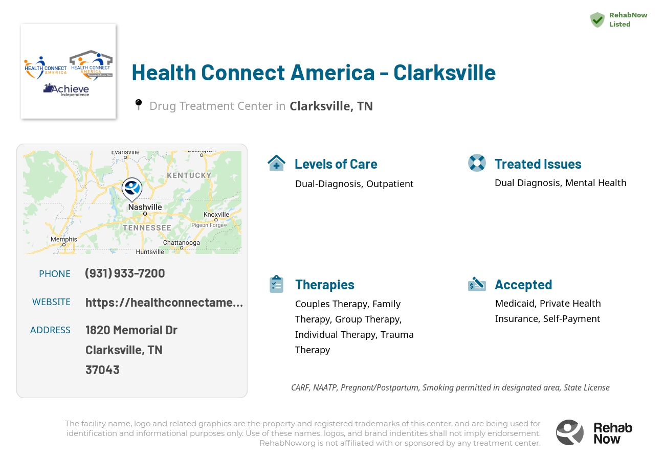 Helpful reference information for Health Connect America - Clarksville, a drug treatment center in Tennessee located at: 1820 Memorial Dr, Clarksville, TN 37043, including phone numbers, official website, and more. Listed briefly is an overview of Levels of Care, Therapies Offered, Issues Treated, and accepted forms of Payment Methods.