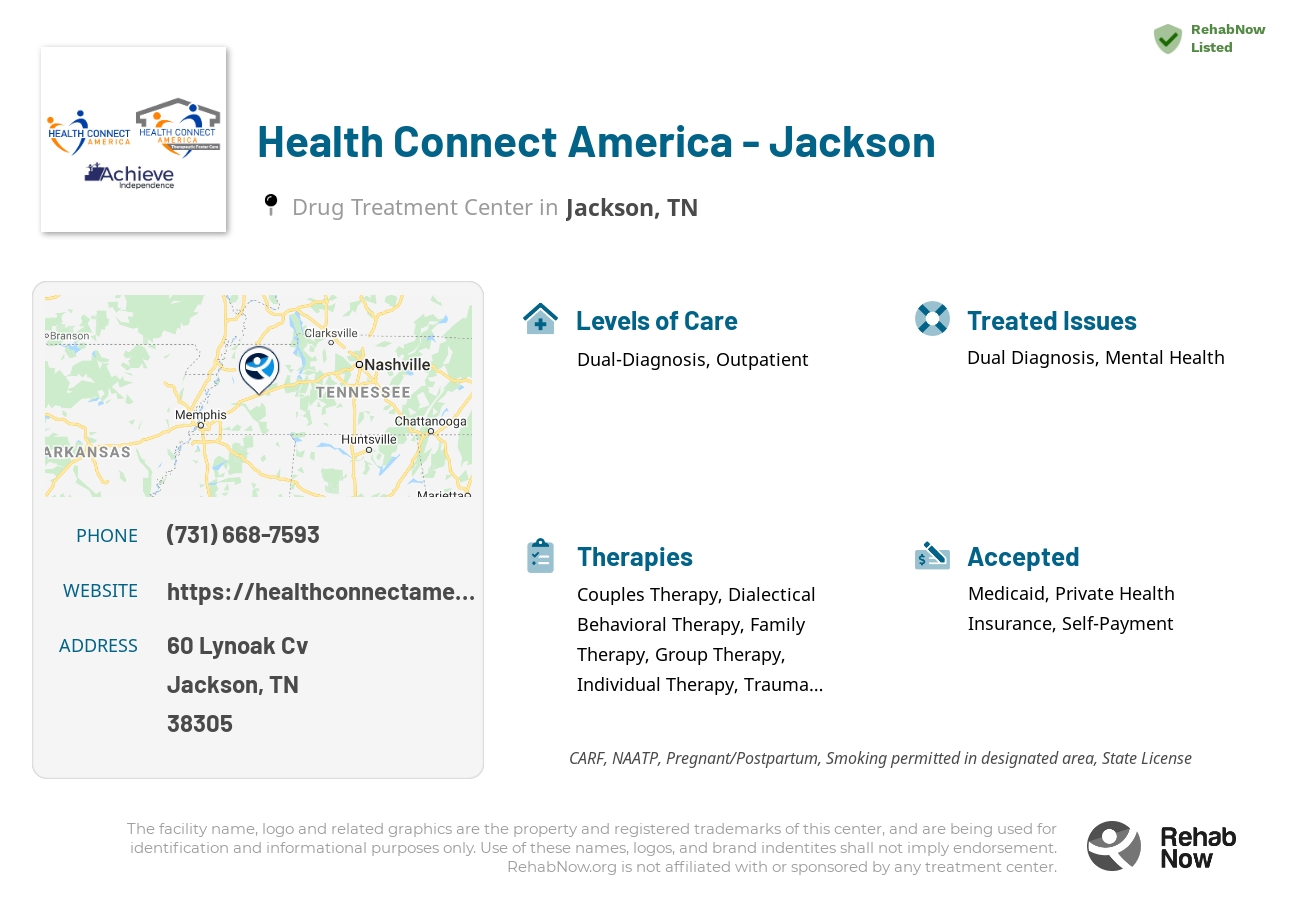 Helpful reference information for Health Connect America - Jackson, a drug treatment center in Tennessee located at: 60 Lynoak Cv, Jackson, TN 38305, including phone numbers, official website, and more. Listed briefly is an overview of Levels of Care, Therapies Offered, Issues Treated, and accepted forms of Payment Methods.