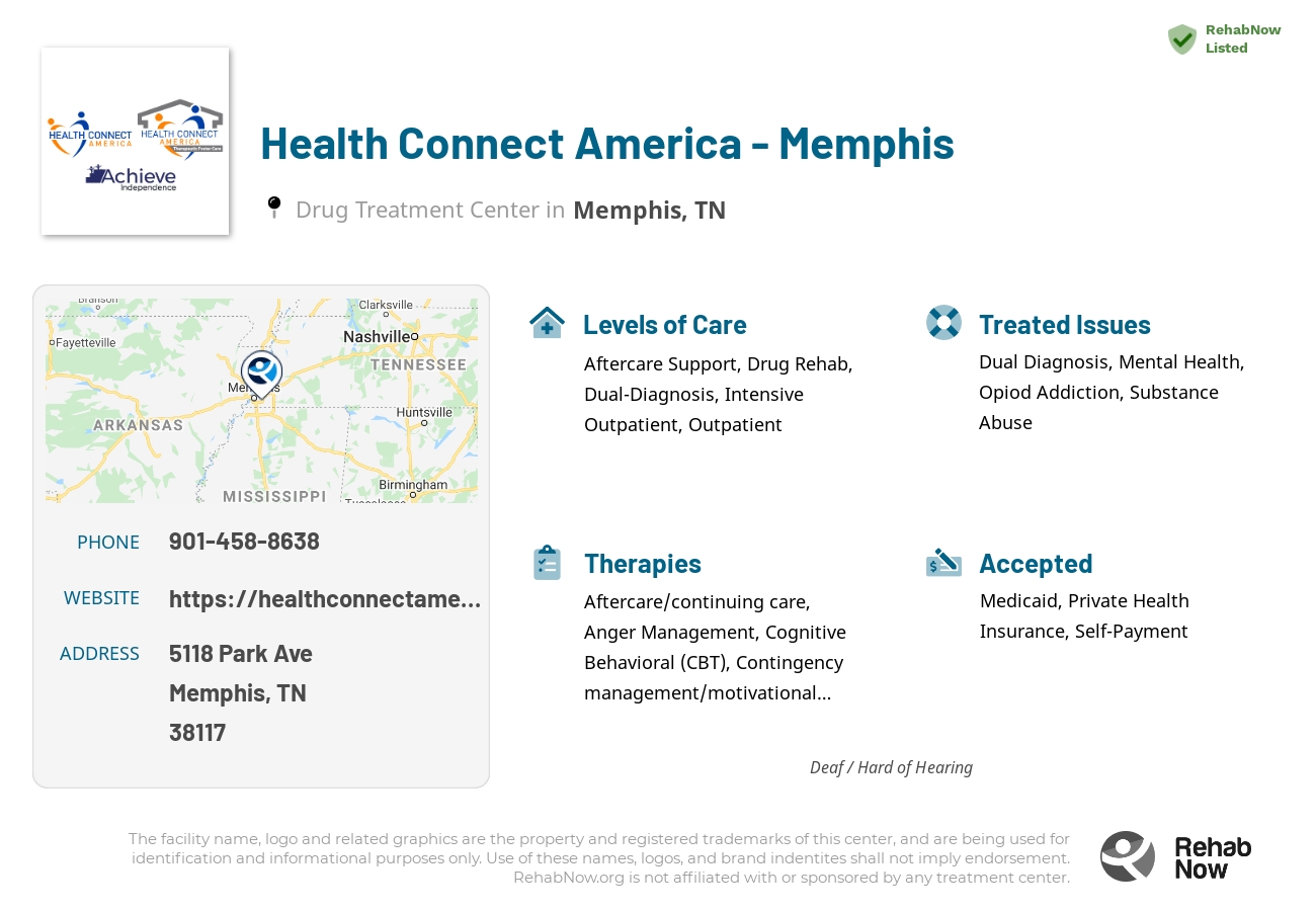 Helpful reference information for Health Connect America - Memphis, a drug treatment center in Tennessee located at: 5118 Park Ave, Memphis, TN 38117, including phone numbers, official website, and more. Listed briefly is an overview of Levels of Care, Therapies Offered, Issues Treated, and accepted forms of Payment Methods.
