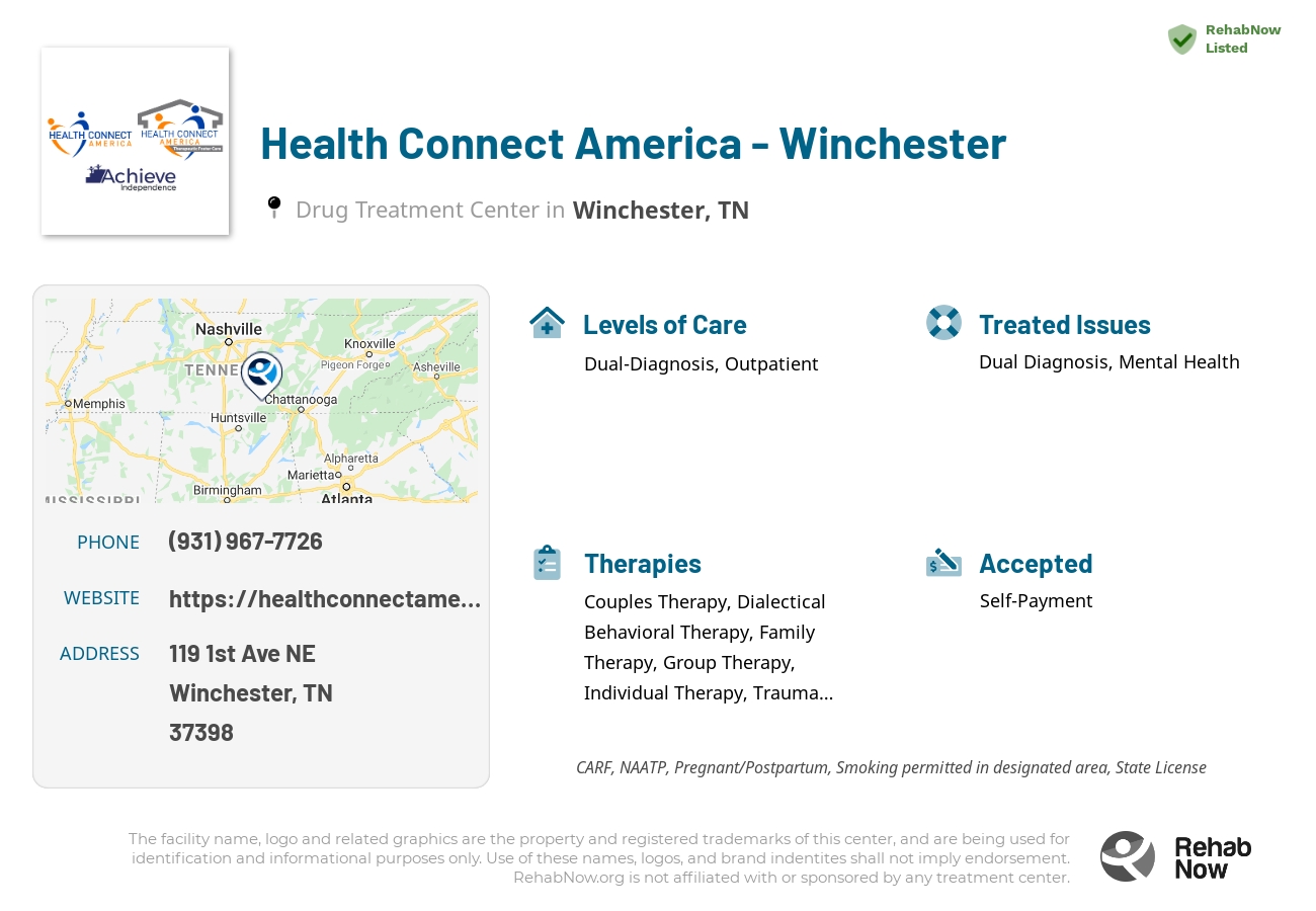 Helpful reference information for Health Connect America - Winchester, a drug treatment center in Tennessee located at: 119 1st Ave NE, Winchester, TN 37398, including phone numbers, official website, and more. Listed briefly is an overview of Levels of Care, Therapies Offered, Issues Treated, and accepted forms of Payment Methods.