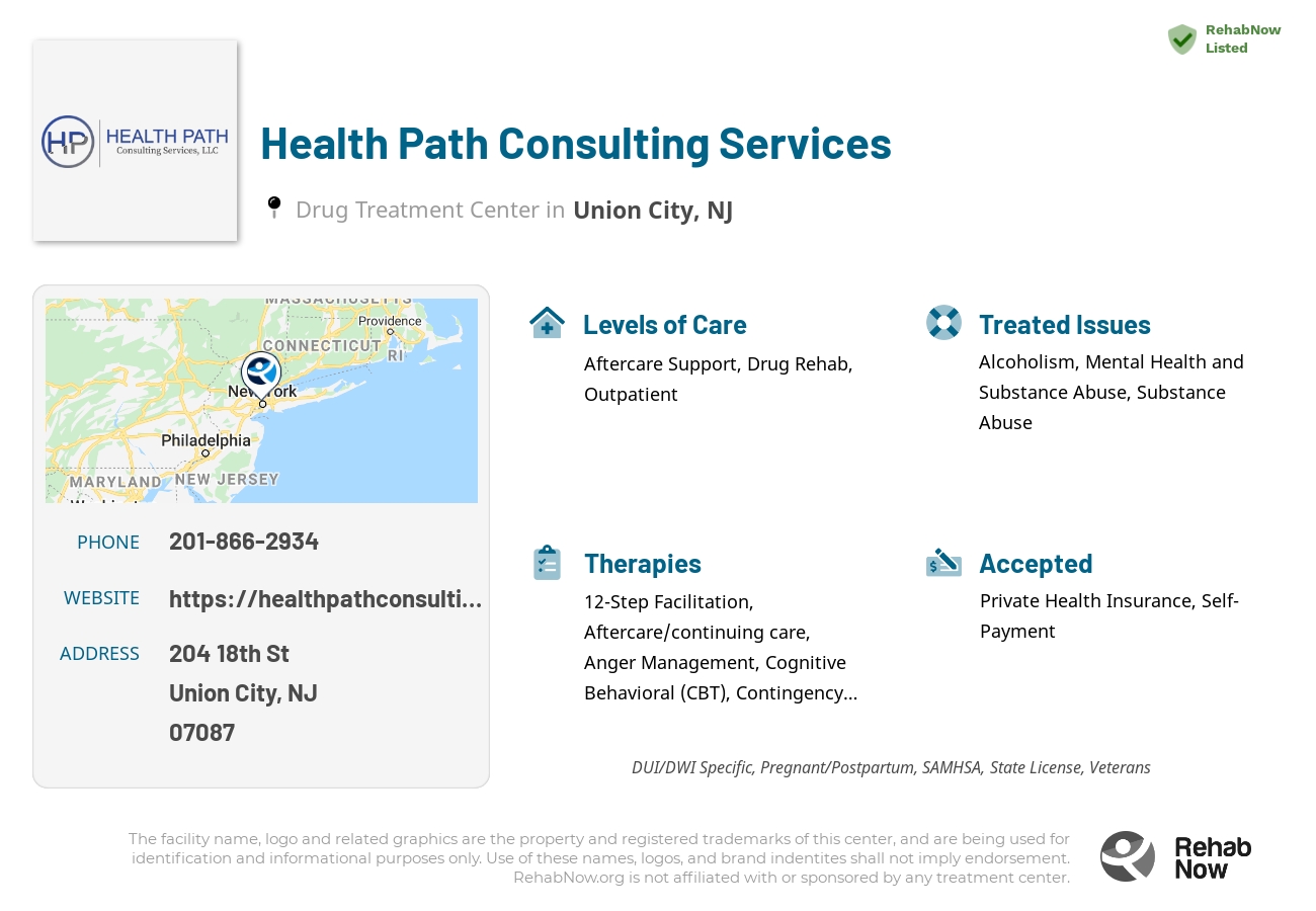 Helpful reference information for Health Path Consulting Services, a drug treatment center in New Jersey located at: 204 18th St, Union City, NJ 07087, including phone numbers, official website, and more. Listed briefly is an overview of Levels of Care, Therapies Offered, Issues Treated, and accepted forms of Payment Methods.