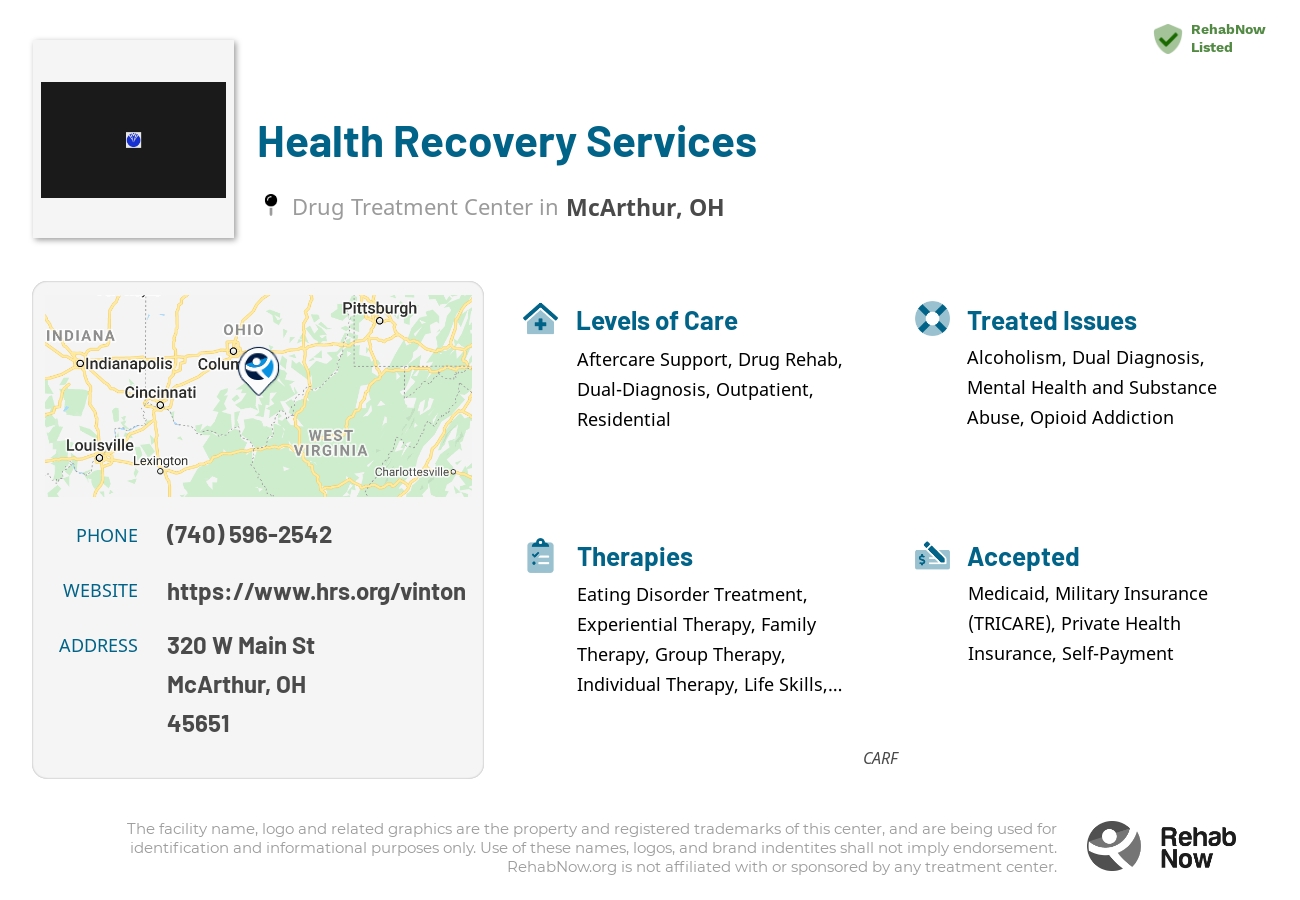 Helpful reference information for Health Recovery Services, a drug treatment center in Ohio located at: 320 W Main St, McArthur, OH 45651, including phone numbers, official website, and more. Listed briefly is an overview of Levels of Care, Therapies Offered, Issues Treated, and accepted forms of Payment Methods.