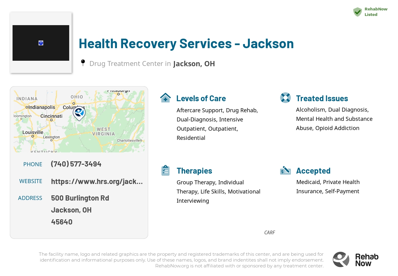 Helpful reference information for Health Recovery Services - Jackson, a drug treatment center in Ohio located at: 500 Burlington Rd, Jackson, OH 45640, including phone numbers, official website, and more. Listed briefly is an overview of Levels of Care, Therapies Offered, Issues Treated, and accepted forms of Payment Methods.