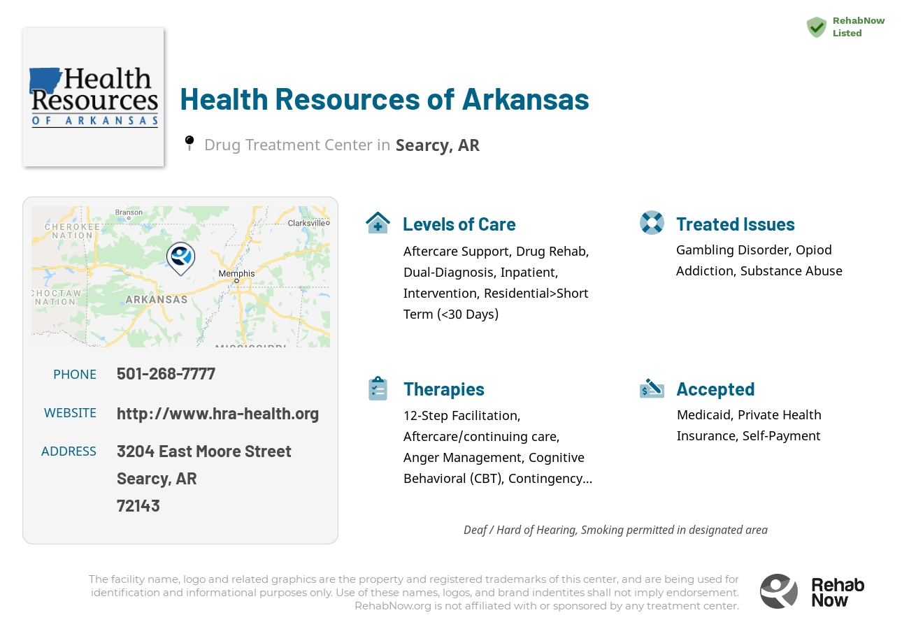 Helpful reference information for Health Resources of Arkansas, a drug treatment center in Arkansas located at: 3204 East Moore Street, Searcy, AR 72143, including phone numbers, official website, and more. Listed briefly is an overview of Levels of Care, Therapies Offered, Issues Treated, and accepted forms of Payment Methods.