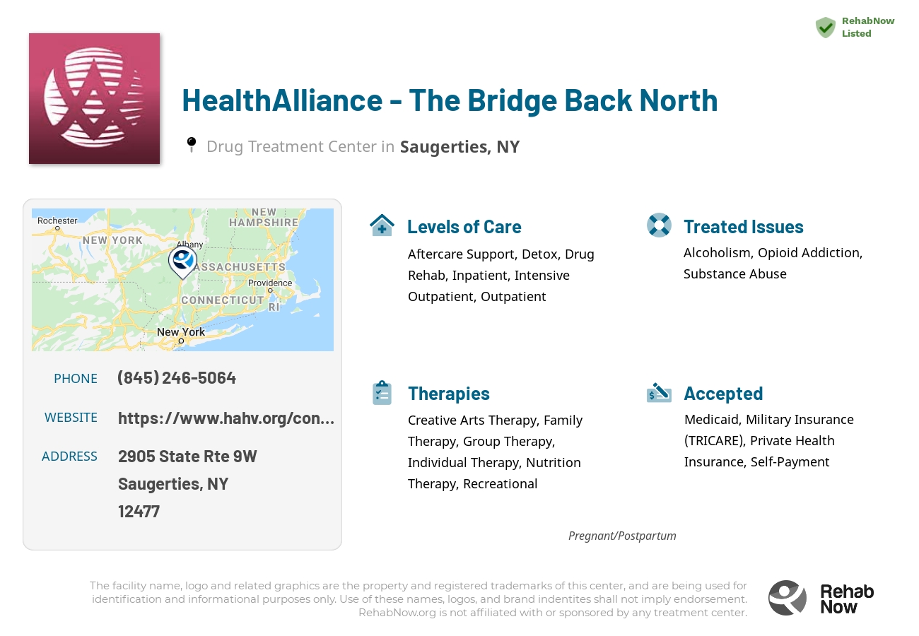 Helpful reference information for HealthAlliance - The Bridge Back North, a drug treatment center in New York located at: 2905 State Rte 9W, Saugerties, NY 12477, including phone numbers, official website, and more. Listed briefly is an overview of Levels of Care, Therapies Offered, Issues Treated, and accepted forms of Payment Methods.