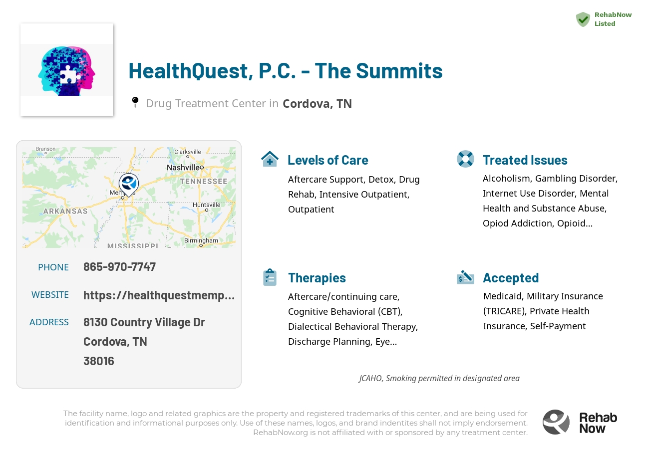 Helpful reference information for HealthQuest, P.C. - The Summits, a drug treatment center in Tennessee located at: 8130 Country Village Dr, Cordova, TN 38016, including phone numbers, official website, and more. Listed briefly is an overview of Levels of Care, Therapies Offered, Issues Treated, and accepted forms of Payment Methods.