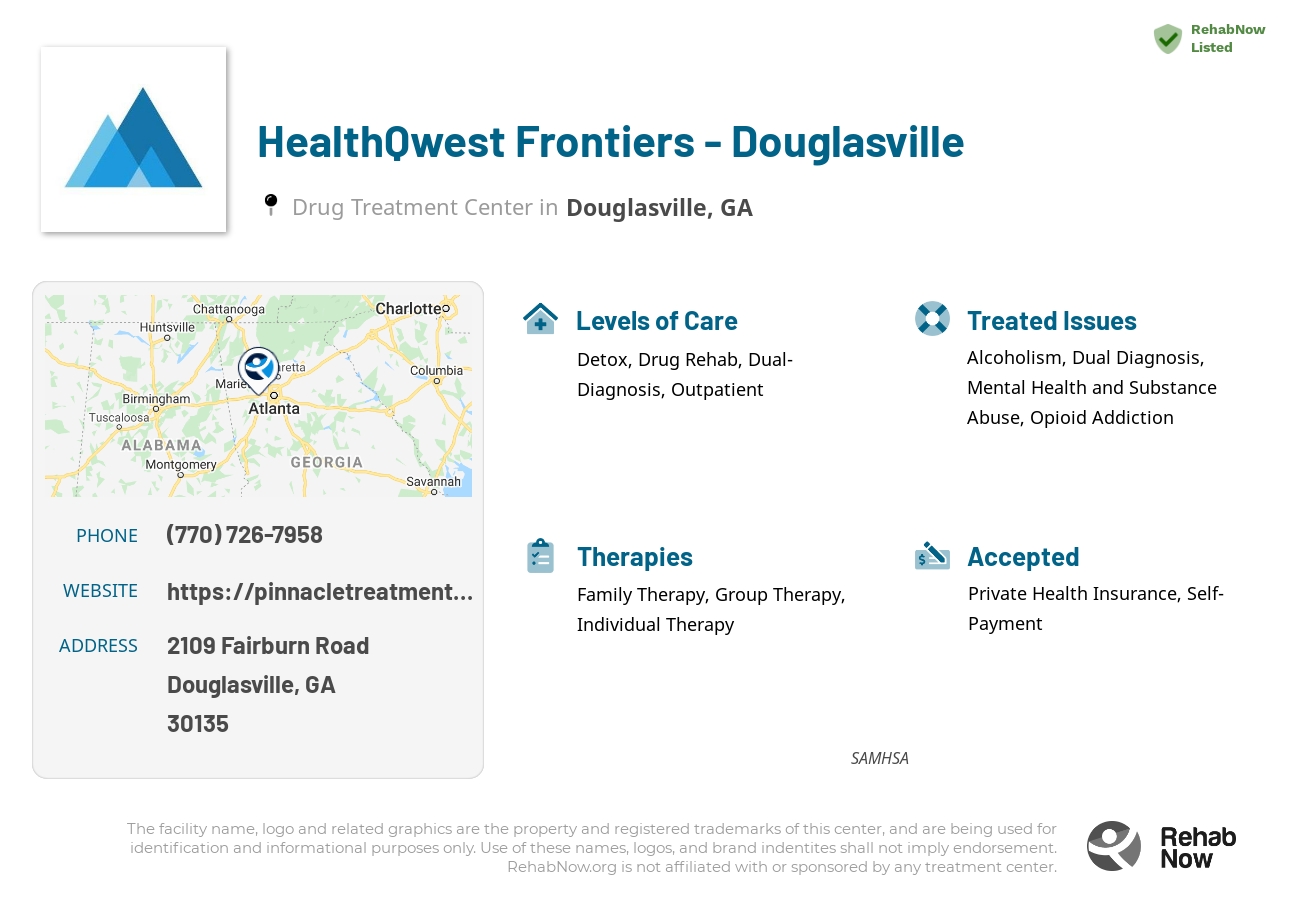 Helpful reference information for HealthQwest Frontiers - Douglasville, a drug treatment center in Georgia located at: 2109 2109 Fairburn Road, Douglasville, GA 30135, including phone numbers, official website, and more. Listed briefly is an overview of Levels of Care, Therapies Offered, Issues Treated, and accepted forms of Payment Methods.