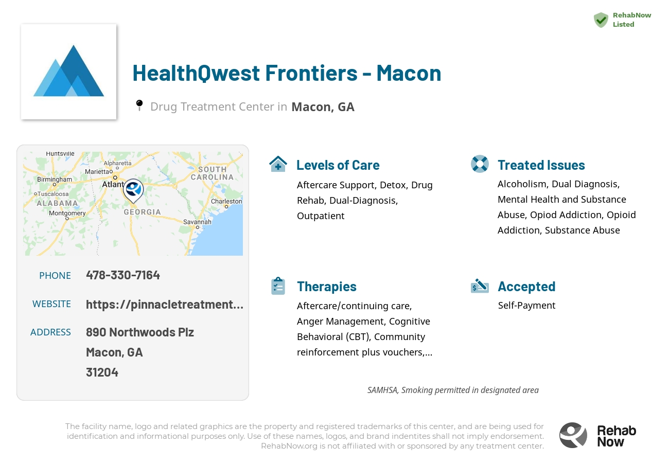 Helpful reference information for HealthQwest Frontiers - Macon, a drug treatment center in Georgia located at: 890 Northwoods Plz, Macon, GA 31204, including phone numbers, official website, and more. Listed briefly is an overview of Levels of Care, Therapies Offered, Issues Treated, and accepted forms of Payment Methods.