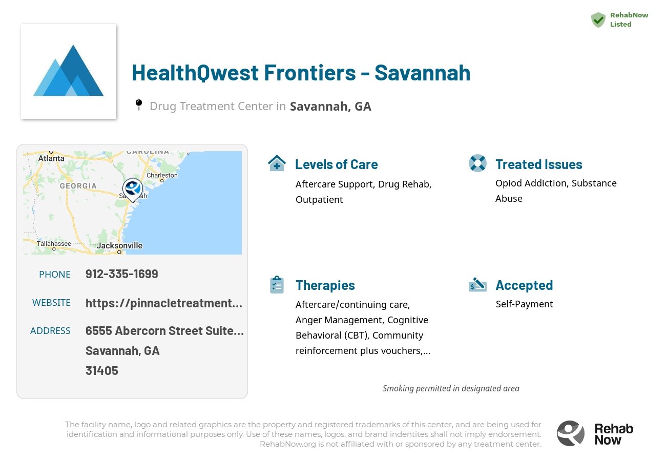 Helpful reference information for HealthQwest Frontiers - Savannah, a drug treatment center in Georgia located at: 6555 Abercorn Street Suite 129, Savannah, GA 31405, including phone numbers, official website, and more. Listed briefly is an overview of Levels of Care, Therapies Offered, Issues Treated, and accepted forms of Payment Methods.