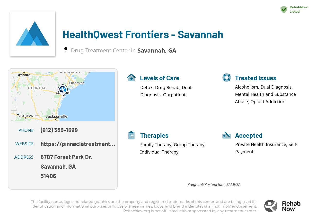 Helpful reference information for HealthQwest Frontiers - Savannah, a drug treatment center in Georgia located at: 6707 6707 Forest Park Dr., Savannah, GA 31406, including phone numbers, official website, and more. Listed briefly is an overview of Levels of Care, Therapies Offered, Issues Treated, and accepted forms of Payment Methods.