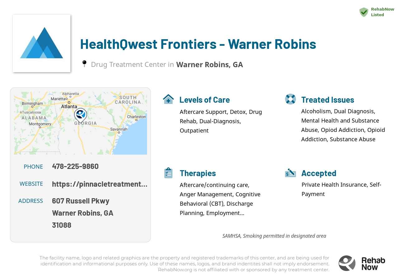 Helpful reference information for HealthQwest Frontiers - Warner Robins, a drug treatment center in Georgia located at: 607 Russell Pkwy, Warner Robins, GA 31088, including phone numbers, official website, and more. Listed briefly is an overview of Levels of Care, Therapies Offered, Issues Treated, and accepted forms of Payment Methods.