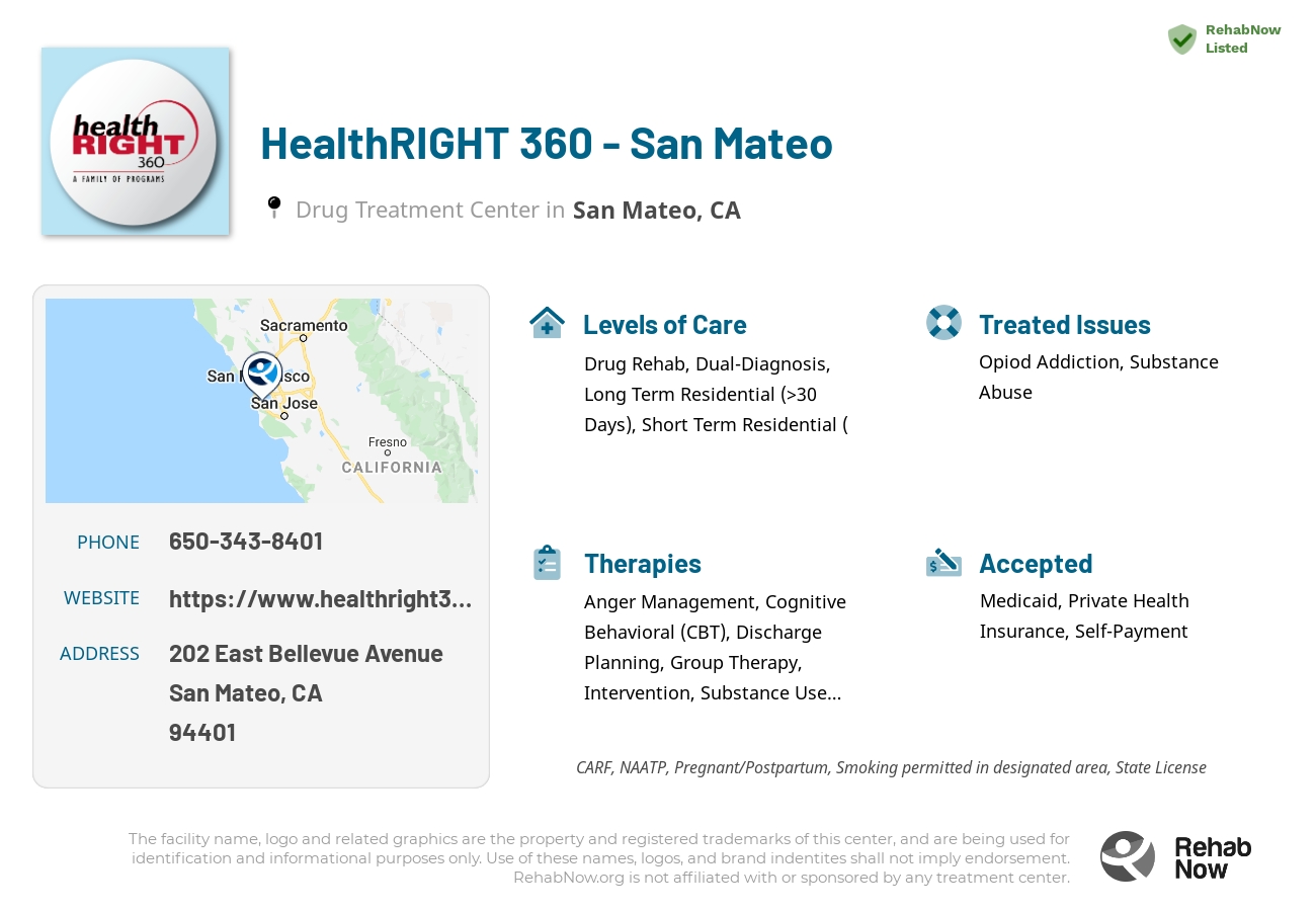 Helpful reference information for HealthRIGHT 360 - San Mateo, a drug treatment center in California located at: 202 East Bellevue Avenue, San Mateo, CA 94401, including phone numbers, official website, and more. Listed briefly is an overview of Levels of Care, Therapies Offered, Issues Treated, and accepted forms of Payment Methods.