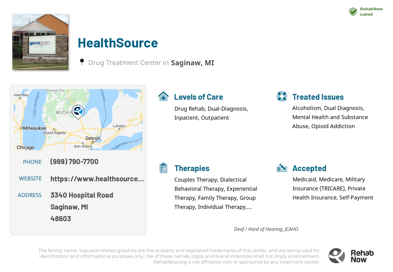 Helpful reference information for HealthSource, a drug treatment center in Michigan located at: 3340 Hospital Road, Saginaw, MI, 48603, including phone numbers, official website, and more. Listed briefly is an overview of Levels of Care, Therapies Offered, Issues Treated, and accepted forms of Payment Methods.