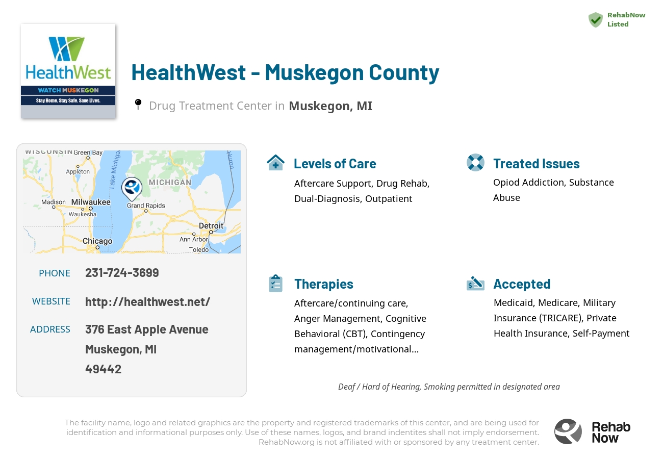 Helpful reference information for HealthWest - Muskegon County, a drug treatment center in Michigan located at: 376 East Apple Avenue, Muskegon, MI 49442, including phone numbers, official website, and more. Listed briefly is an overview of Levels of Care, Therapies Offered, Issues Treated, and accepted forms of Payment Methods.