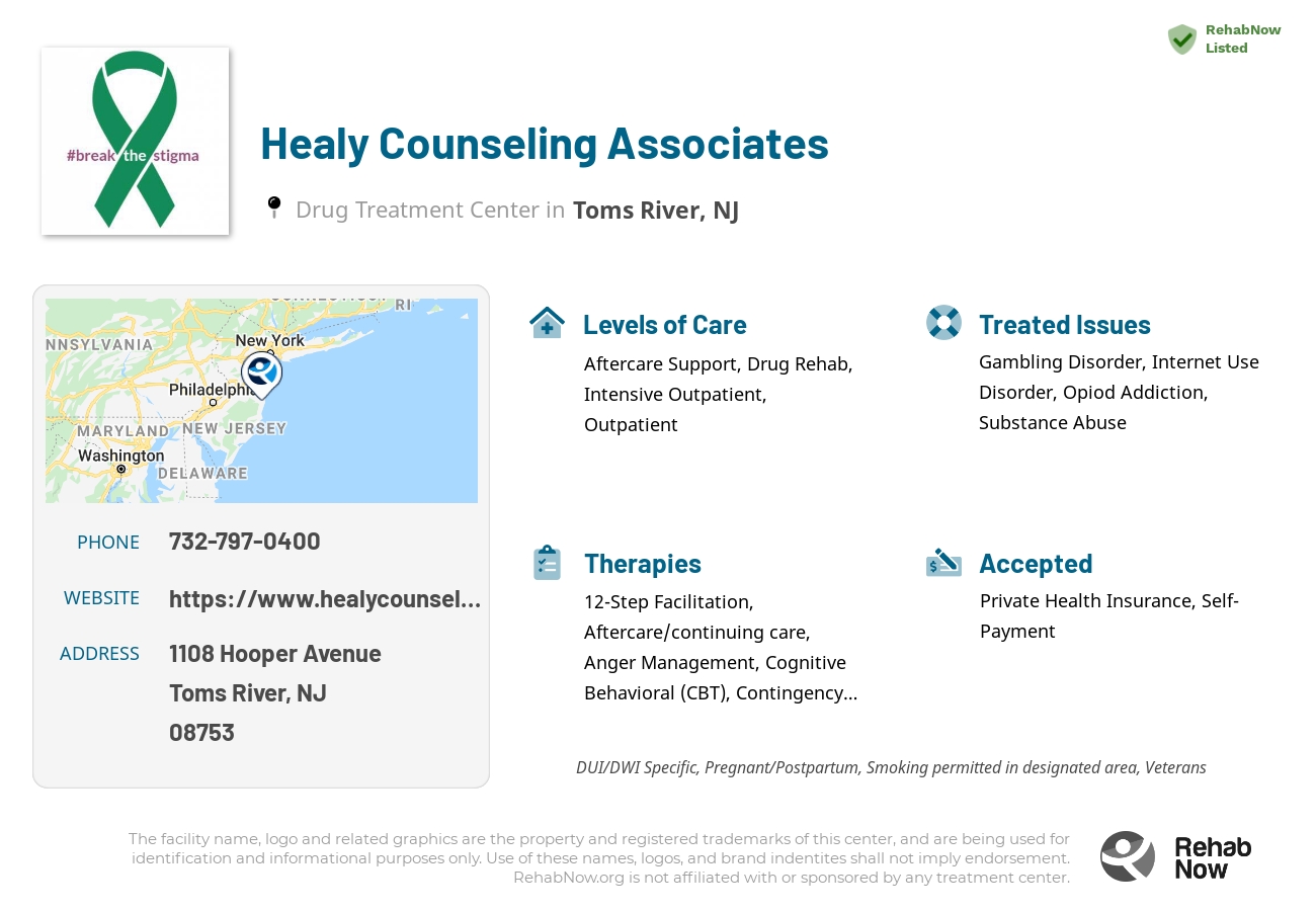 Helpful reference information for Healy Counseling Associates, a drug treatment center in New Jersey located at: 1108 Hooper Avenue, Toms River, NJ 08753, including phone numbers, official website, and more. Listed briefly is an overview of Levels of Care, Therapies Offered, Issues Treated, and accepted forms of Payment Methods.