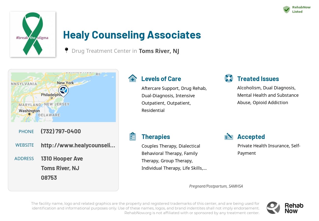 Helpful reference information for Healy Counseling Associates, a drug treatment center in New Jersey located at: 1310 Hooper Ave, Toms River, NJ 08753, including phone numbers, official website, and more. Listed briefly is an overview of Levels of Care, Therapies Offered, Issues Treated, and accepted forms of Payment Methods.