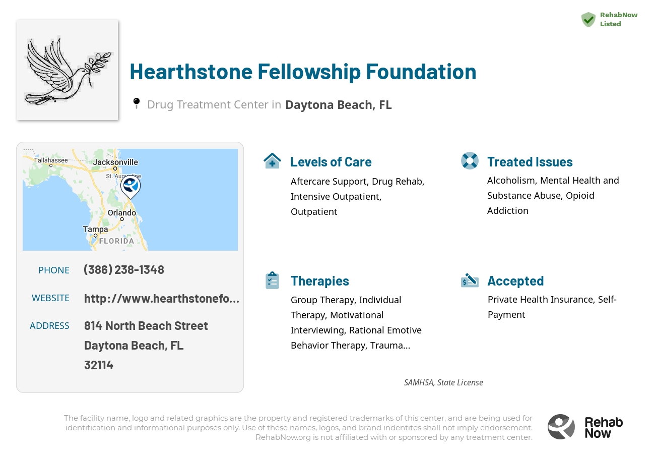 Helpful reference information for Hearthstone Fellowship Foundation, a drug treatment center in Florida located at: 814 North Beach Street, Daytona Beach, FL, 32114, including phone numbers, official website, and more. Listed briefly is an overview of Levels of Care, Therapies Offered, Issues Treated, and accepted forms of Payment Methods.