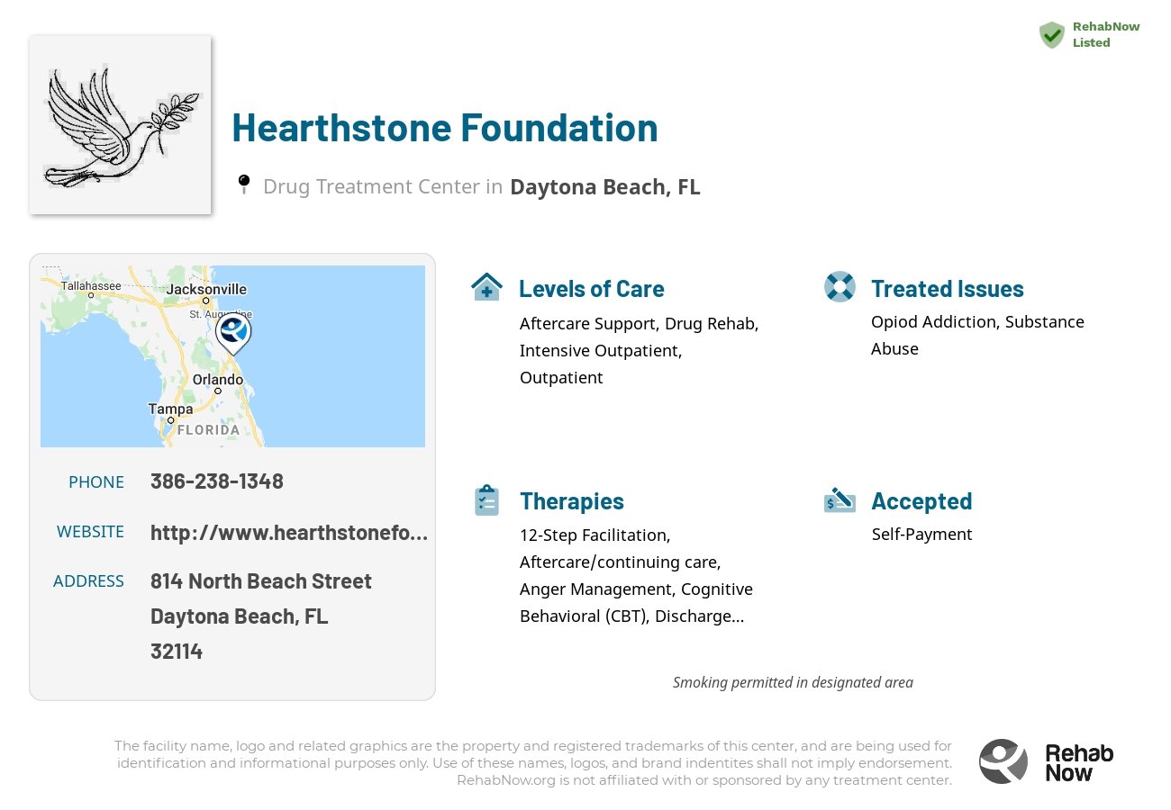 Helpful reference information for Hearthstone Foundation, a drug treatment center in Florida located at: 814 North Beach Street, Daytona Beach, FL 32114, including phone numbers, official website, and more. Listed briefly is an overview of Levels of Care, Therapies Offered, Issues Treated, and accepted forms of Payment Methods.