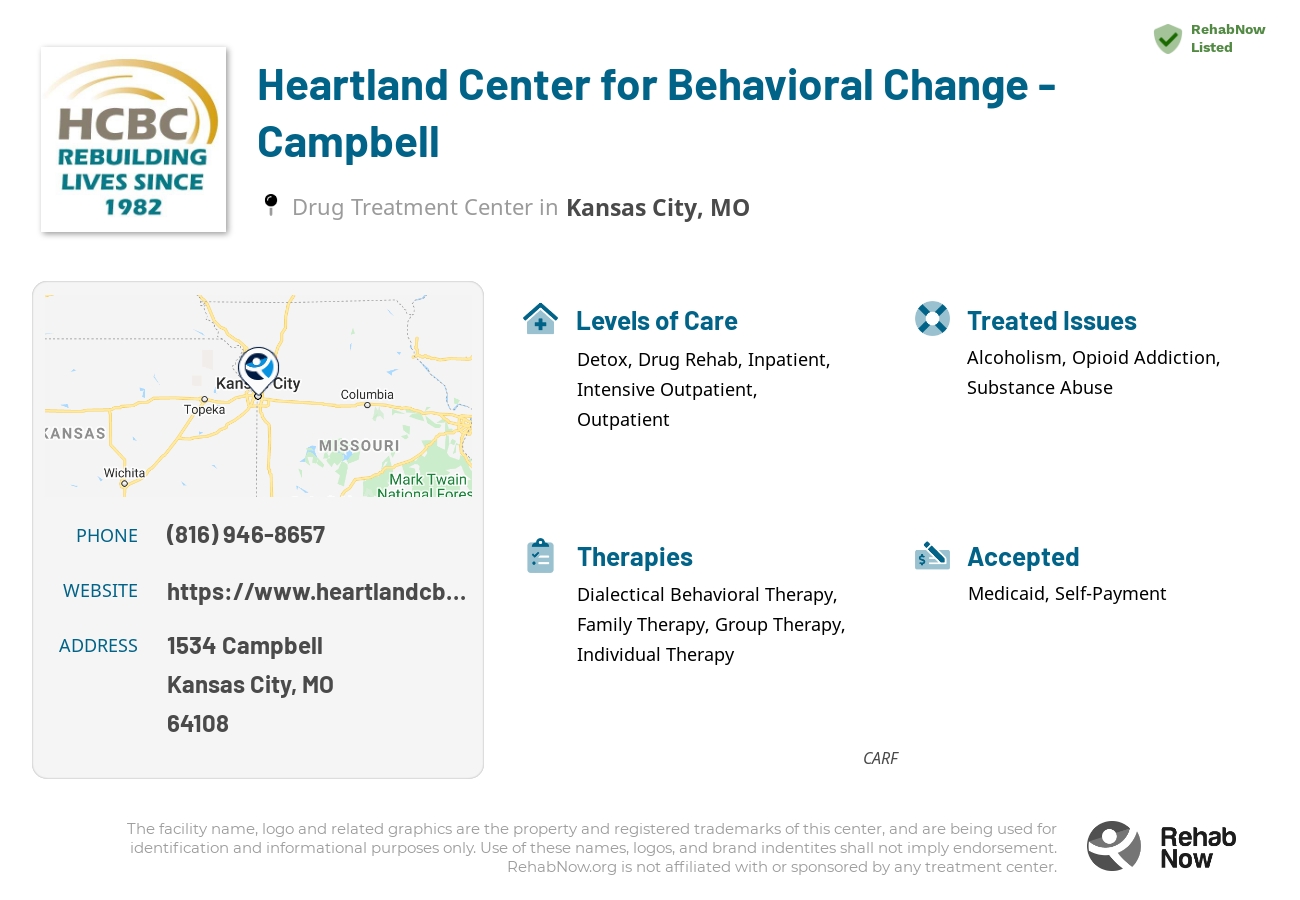 Helpful reference information for Heartland Center for Behavioral Change - Campbell, a drug treatment center in Missouri located at: 1534 1534 Campbell, Kansas City, MO 64108, including phone numbers, official website, and more. Listed briefly is an overview of Levels of Care, Therapies Offered, Issues Treated, and accepted forms of Payment Methods.