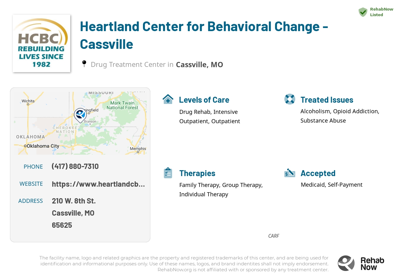 Helpful reference information for Heartland Center for Behavioral Change - Cassville, a drug treatment center in Missouri located at: 210 210 W. 8th St., Cassville, MO 65625, including phone numbers, official website, and more. Listed briefly is an overview of Levels of Care, Therapies Offered, Issues Treated, and accepted forms of Payment Methods.