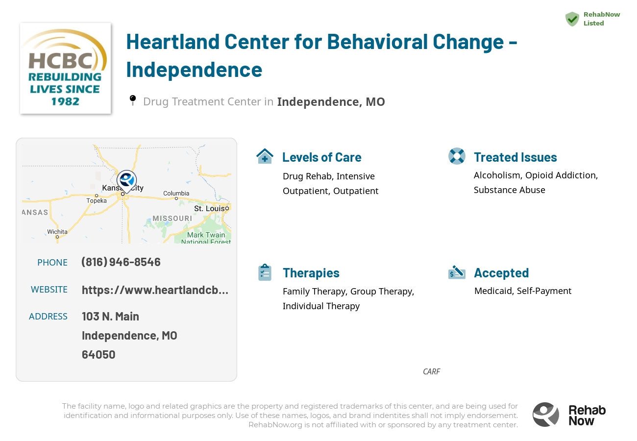 Helpful reference information for Heartland Center for Behavioral Change - Independence, a drug treatment center in Missouri located at: 103 103 N. Main, Independence, MO 64050, including phone numbers, official website, and more. Listed briefly is an overview of Levels of Care, Therapies Offered, Issues Treated, and accepted forms of Payment Methods.