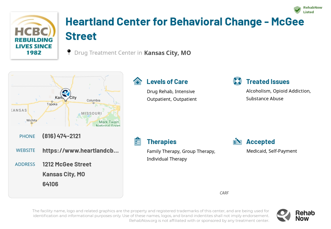 Helpful reference information for Heartland Center for Behavioral Change - McGee Street, a drug treatment center in Missouri located at: 1212 1212 McGee Street, Kansas City, MO 64106, including phone numbers, official website, and more. Listed briefly is an overview of Levels of Care, Therapies Offered, Issues Treated, and accepted forms of Payment Methods.