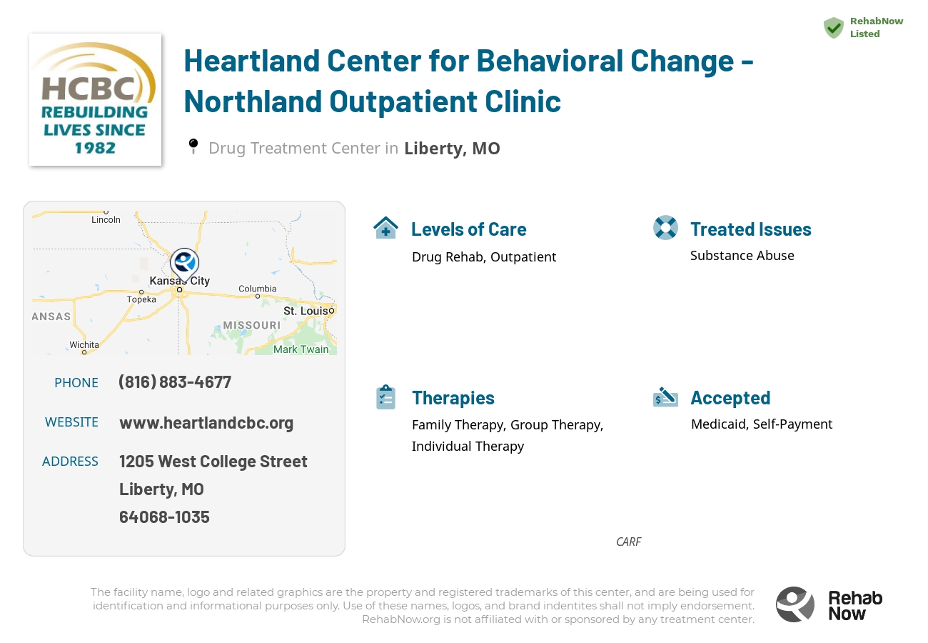 Helpful reference information for Heartland Center for Behavioral Change - Northland Outpatient Clinic, a drug treatment center in Missouri located at: 1205 West College Street, Liberty, MO, 64068-1035, including phone numbers, official website, and more. Listed briefly is an overview of Levels of Care, Therapies Offered, Issues Treated, and accepted forms of Payment Methods.