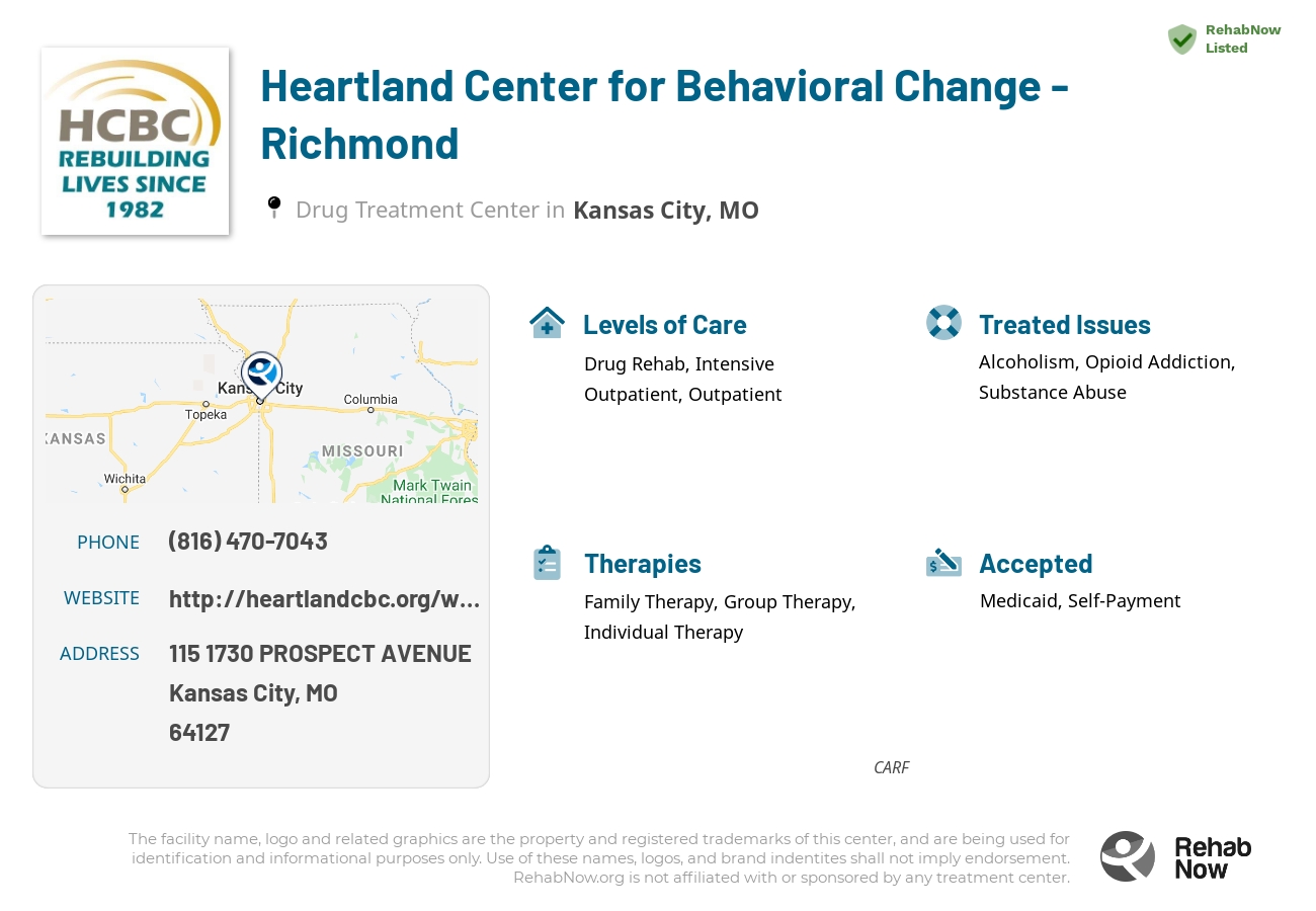 Helpful reference information for Heartland Center for Behavioral Change - Richmond, a drug treatment center in Missouri located at: 115 1730 PROSPECT AVENUE, Kansas City, MO 64127, including phone numbers, official website, and more. Listed briefly is an overview of Levels of Care, Therapies Offered, Issues Treated, and accepted forms of Payment Methods.
