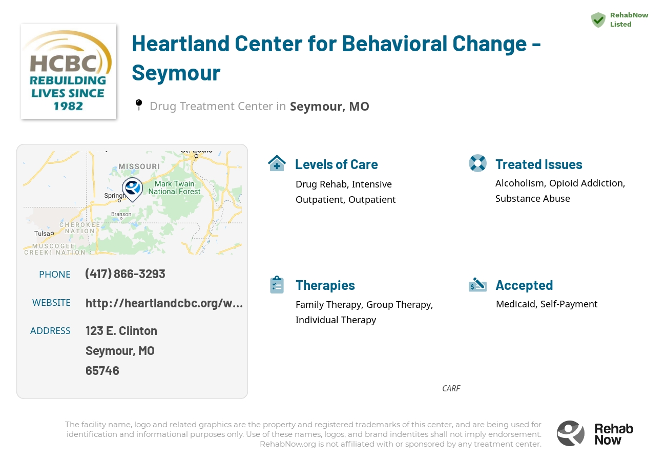 Helpful reference information for Heartland Center for Behavioral Change - Seymour, a drug treatment center in Missouri located at: 123 123 E. Clinton, Seymour, MO 65746, including phone numbers, official website, and more. Listed briefly is an overview of Levels of Care, Therapies Offered, Issues Treated, and accepted forms of Payment Methods.