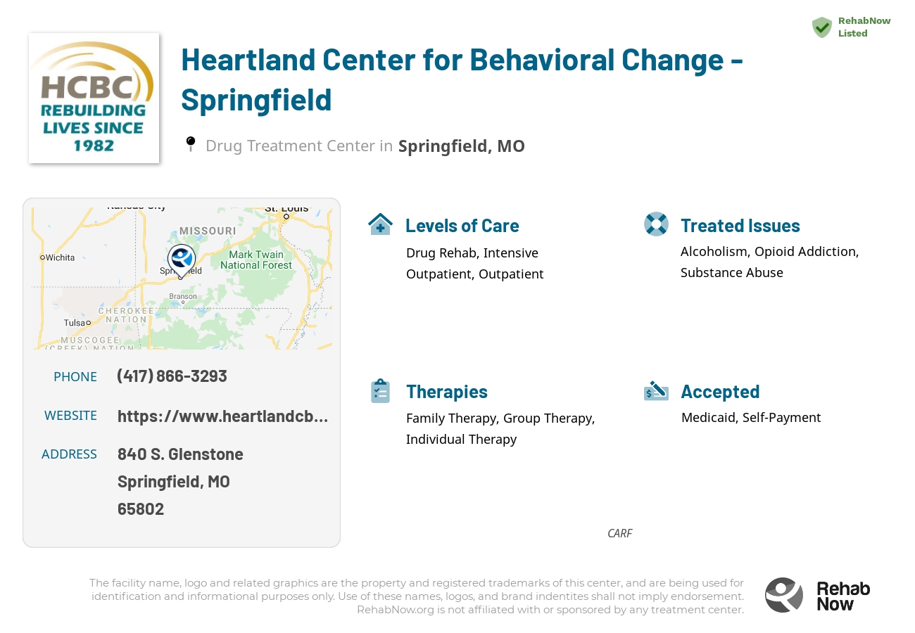 Helpful reference information for Heartland Center for Behavioral Change - Springfield, a drug treatment center in Missouri located at: 840 840 S. Glenstone, Springfield, MO 65802, including phone numbers, official website, and more. Listed briefly is an overview of Levels of Care, Therapies Offered, Issues Treated, and accepted forms of Payment Methods.