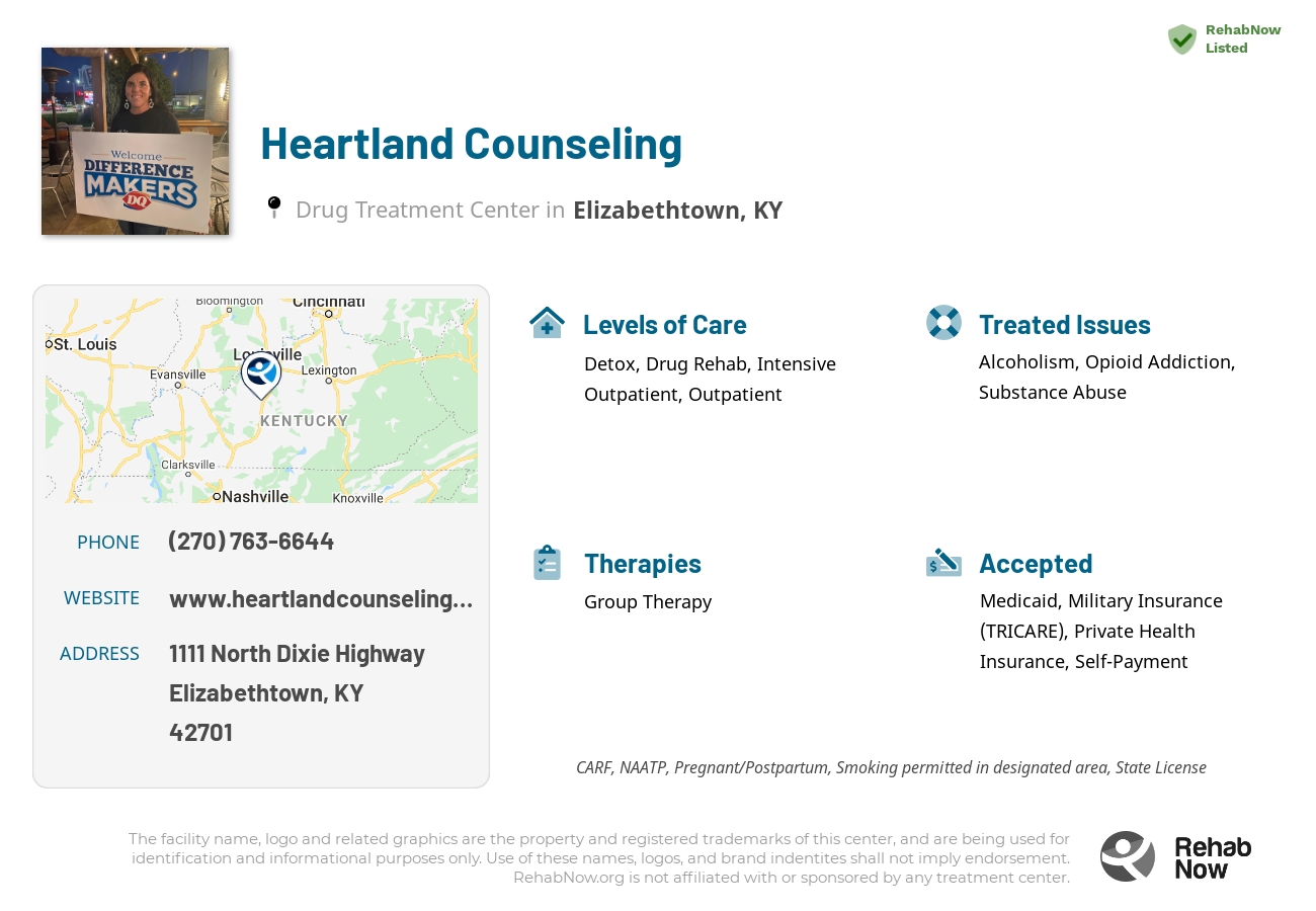 Helpful reference information for Heartland Counseling, a drug treatment center in Kentucky located at: 1111 North Dixie Highway, Elizabethtown, KY, 42701, including phone numbers, official website, and more. Listed briefly is an overview of Levels of Care, Therapies Offered, Issues Treated, and accepted forms of Payment Methods.