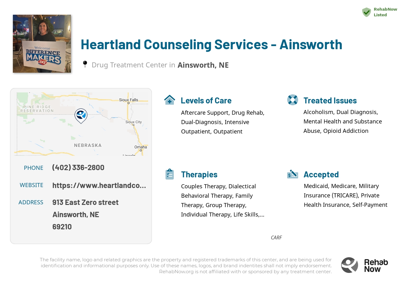 Helpful reference information for Heartland Counseling Services - Ainsworth, a drug treatment center in Nebraska located at: 913 913 East Zero street, Ainsworth, NE 69210, including phone numbers, official website, and more. Listed briefly is an overview of Levels of Care, Therapies Offered, Issues Treated, and accepted forms of Payment Methods.