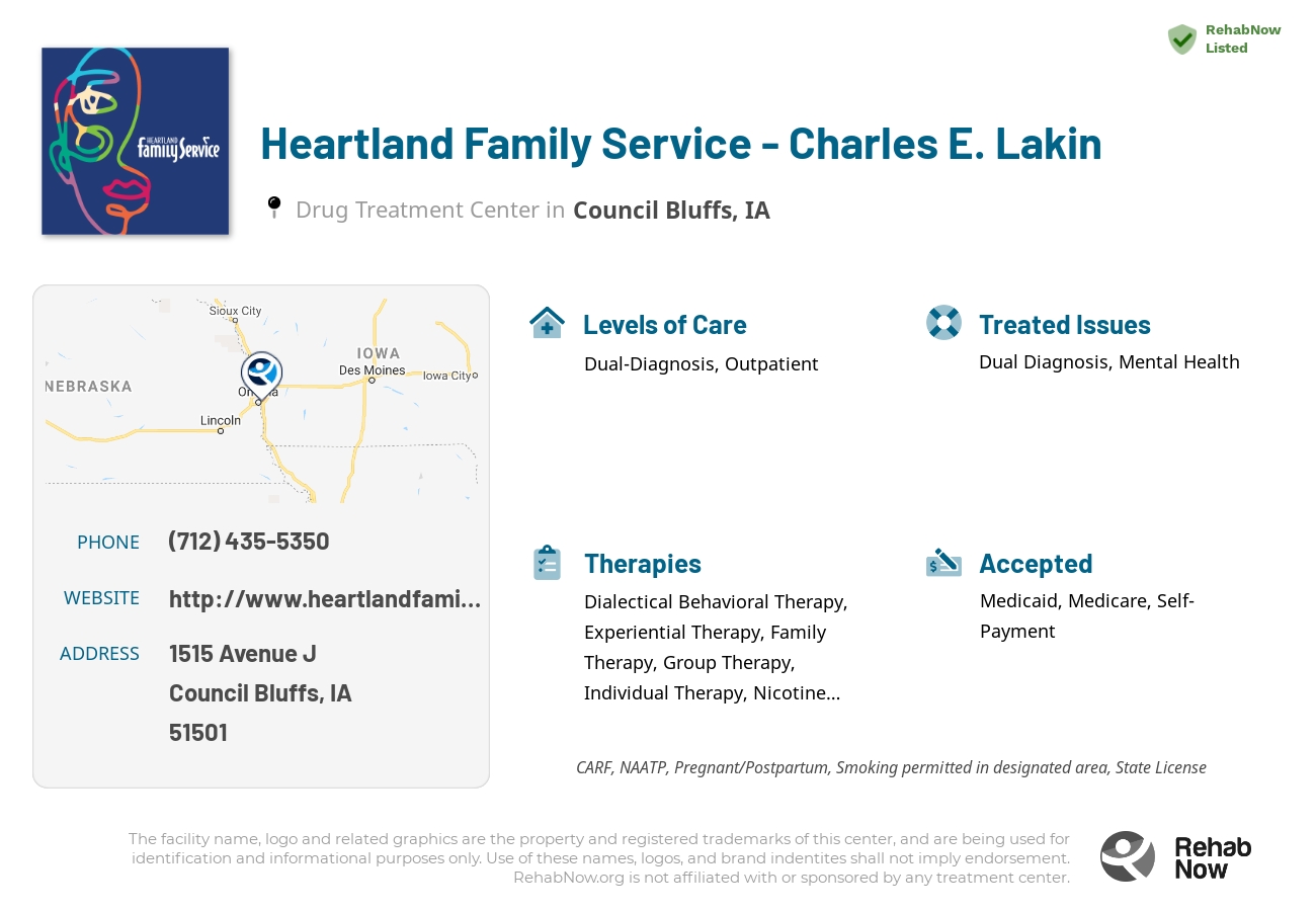 Helpful reference information for Heartland Family Service - Charles E. Lakin, a drug treatment center in Iowa located at: 1515 Avenue J, Council Bluffs, IA, 51501, including phone numbers, official website, and more. Listed briefly is an overview of Levels of Care, Therapies Offered, Issues Treated, and accepted forms of Payment Methods.