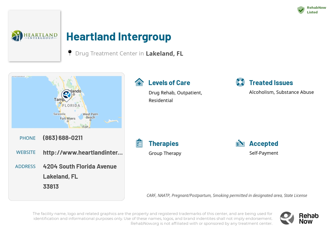 Helpful reference information for Heartland Intergroup, a drug treatment center in Florida located at: 4204 South Florida Avenue, Lakeland, FL, 33813, including phone numbers, official website, and more. Listed briefly is an overview of Levels of Care, Therapies Offered, Issues Treated, and accepted forms of Payment Methods.