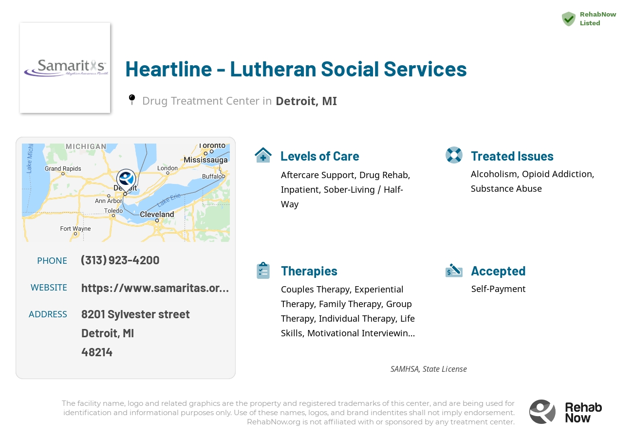 Helpful reference information for Heartline - Lutheran Social Services, a drug treatment center in Michigan located at: 8201 8201 Sylvester street, Detroit, MI 48214, including phone numbers, official website, and more. Listed briefly is an overview of Levels of Care, Therapies Offered, Issues Treated, and accepted forms of Payment Methods.