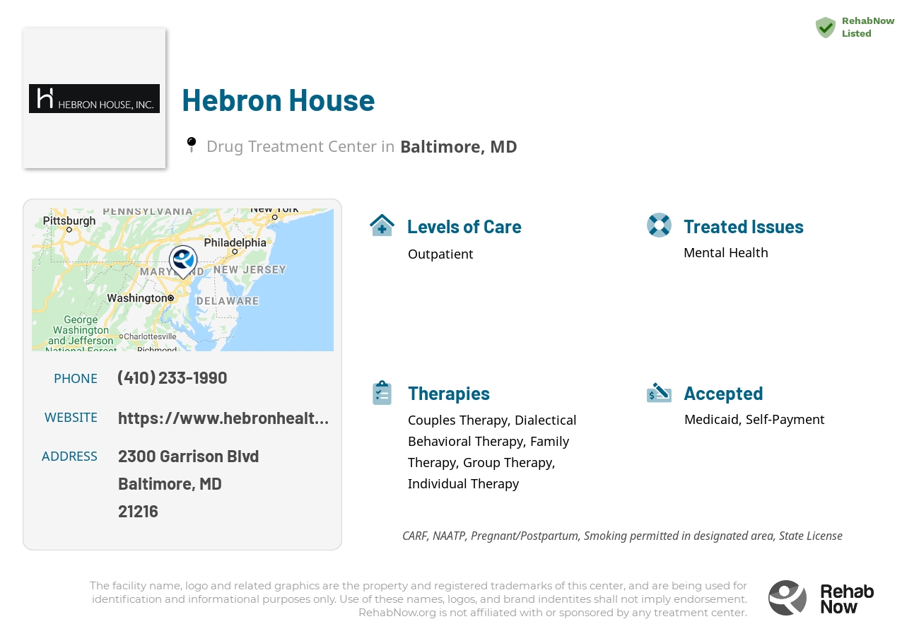 Helpful reference information for Hebron House, a drug treatment center in Maryland located at: 2300 Garrison Blvd, Baltimore, MD 21216, including phone numbers, official website, and more. Listed briefly is an overview of Levels of Care, Therapies Offered, Issues Treated, and accepted forms of Payment Methods.