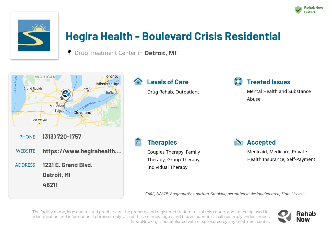 Helpful reference information for Hegira Health - Boulevard Crisis Residential, a drug treatment center in Michigan located at: 1221 E. Grand Blvd., Detroit, MI, 48211, including phone numbers, official website, and more. Listed briefly is an overview of Levels of Care, Therapies Offered, Issues Treated, and accepted forms of Payment Methods.