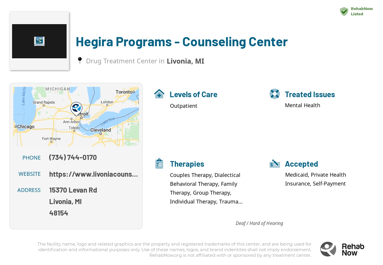 Helpful reference information for Hegira Programs - Counseling Center, a drug treatment center in Michigan located at: 15370 Levan Rd, Livonia, MI 48154, including phone numbers, official website, and more. Listed briefly is an overview of Levels of Care, Therapies Offered, Issues Treated, and accepted forms of Payment Methods.