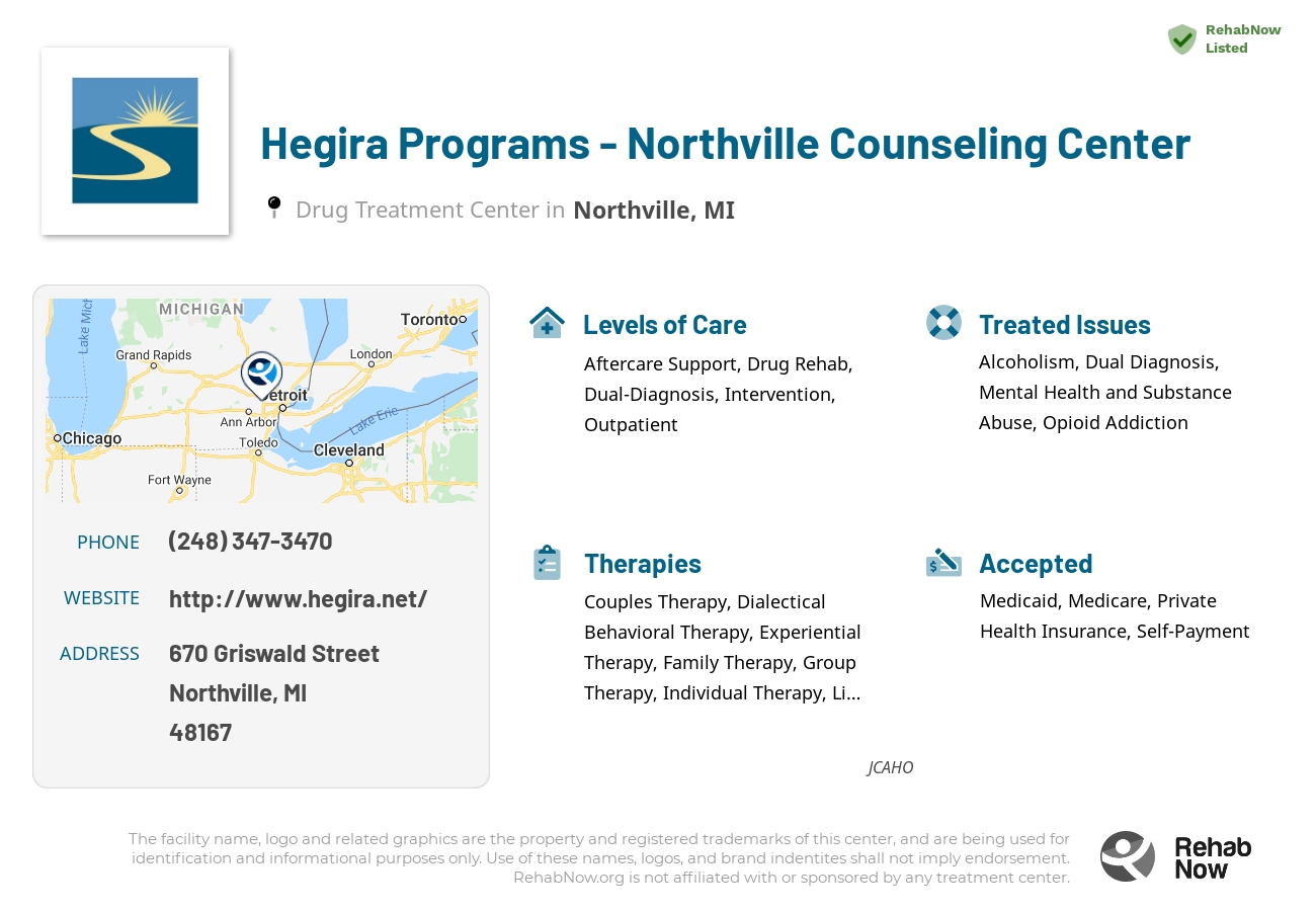 Helpful reference information for Hegira Programs - Northville Counseling Center, a drug treatment center in Michigan located at: 670 Griswald Street, Northville, MI, 48167, including phone numbers, official website, and more. Listed briefly is an overview of Levels of Care, Therapies Offered, Issues Treated, and accepted forms of Payment Methods.