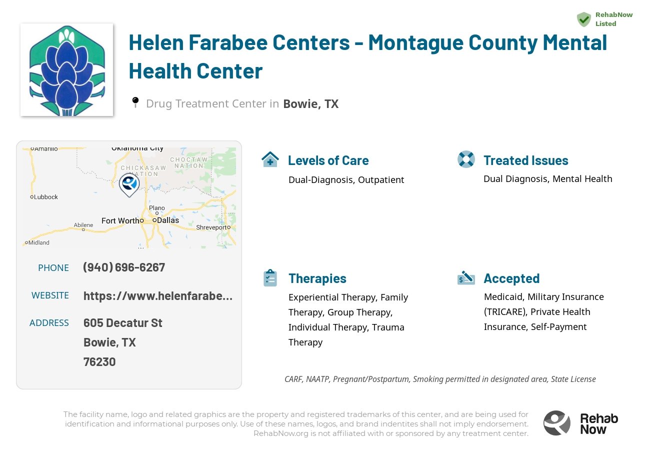Helpful reference information for Helen Farabee Centers - Montague County Mental Health Center, a drug treatment center in Texas located at: 605 Decatur St, Bowie, TX 76230, including phone numbers, official website, and more. Listed briefly is an overview of Levels of Care, Therapies Offered, Issues Treated, and accepted forms of Payment Methods.