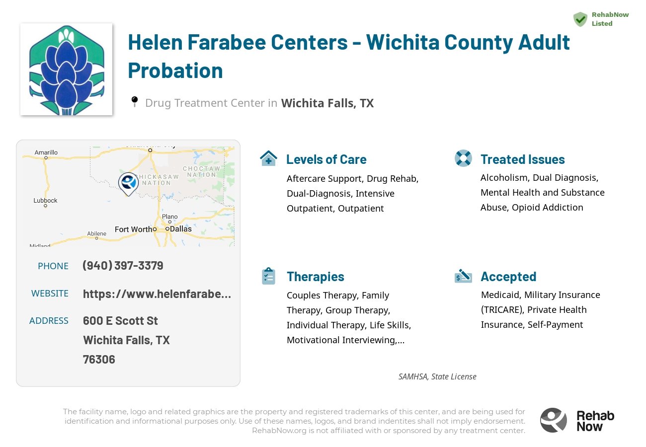 Helpful reference information for Helen Farabee Centers - Wichita County Adult Probation, a drug treatment center in Texas located at: 600 E Scott St, Wichita Falls, TX 76306, including phone numbers, official website, and more. Listed briefly is an overview of Levels of Care, Therapies Offered, Issues Treated, and accepted forms of Payment Methods.