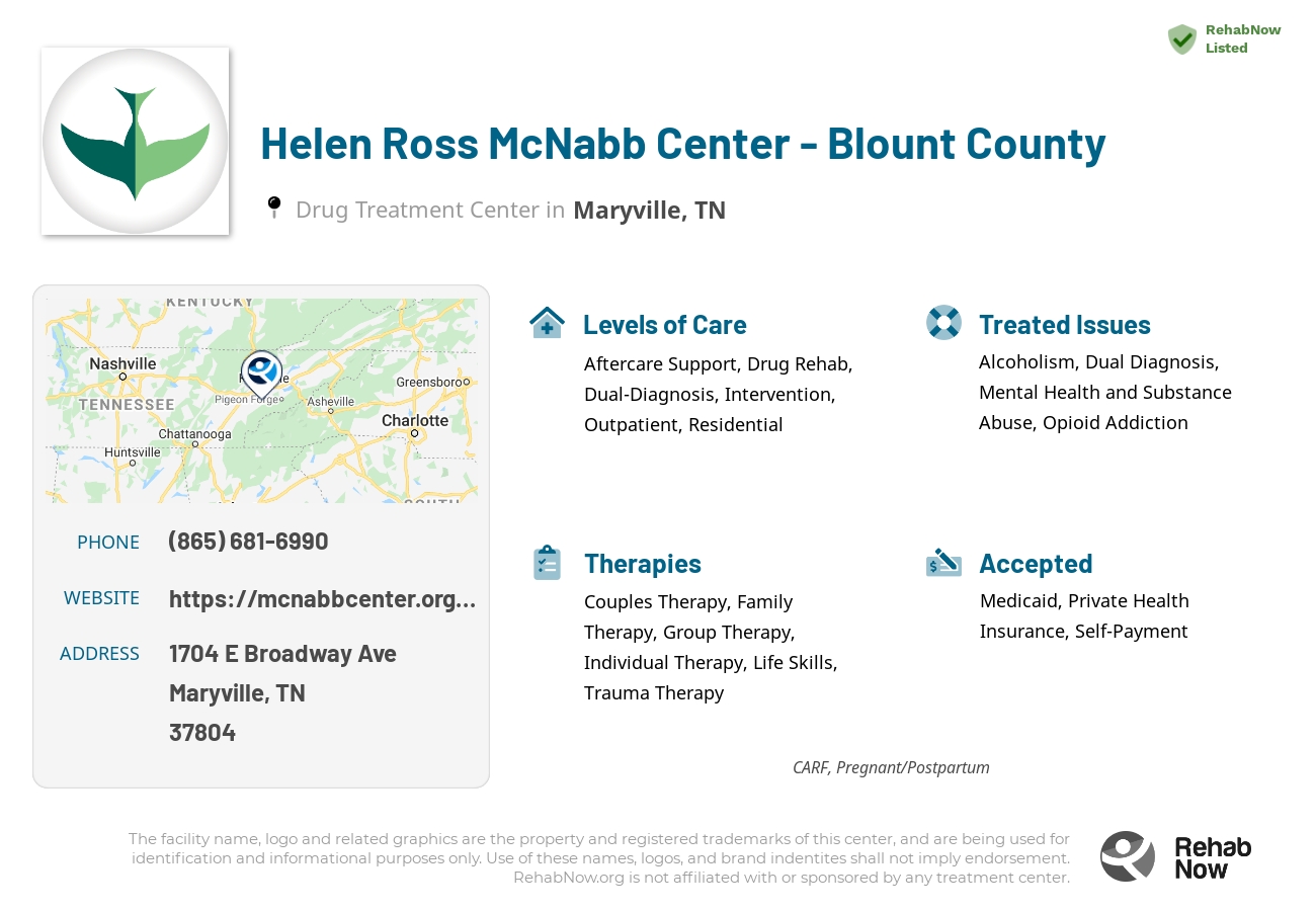 Helpful reference information for Helen Ross McNabb Center - Blount County, a drug treatment center in Tennessee located at: 1704 E Broadway Ave, Maryville, TN 37804, including phone numbers, official website, and more. Listed briefly is an overview of Levels of Care, Therapies Offered, Issues Treated, and accepted forms of Payment Methods.