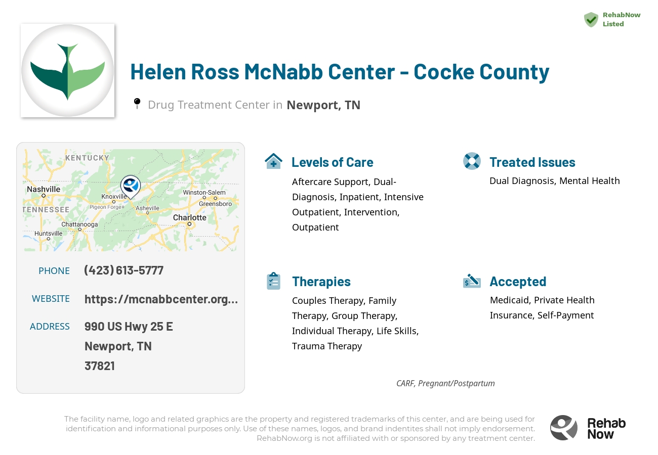 Helpful reference information for Helen Ross McNabb Center - Cocke County, a drug treatment center in Tennessee located at: 990 US Hwy 25 E, Newport, TN 37821, including phone numbers, official website, and more. Listed briefly is an overview of Levels of Care, Therapies Offered, Issues Treated, and accepted forms of Payment Methods.