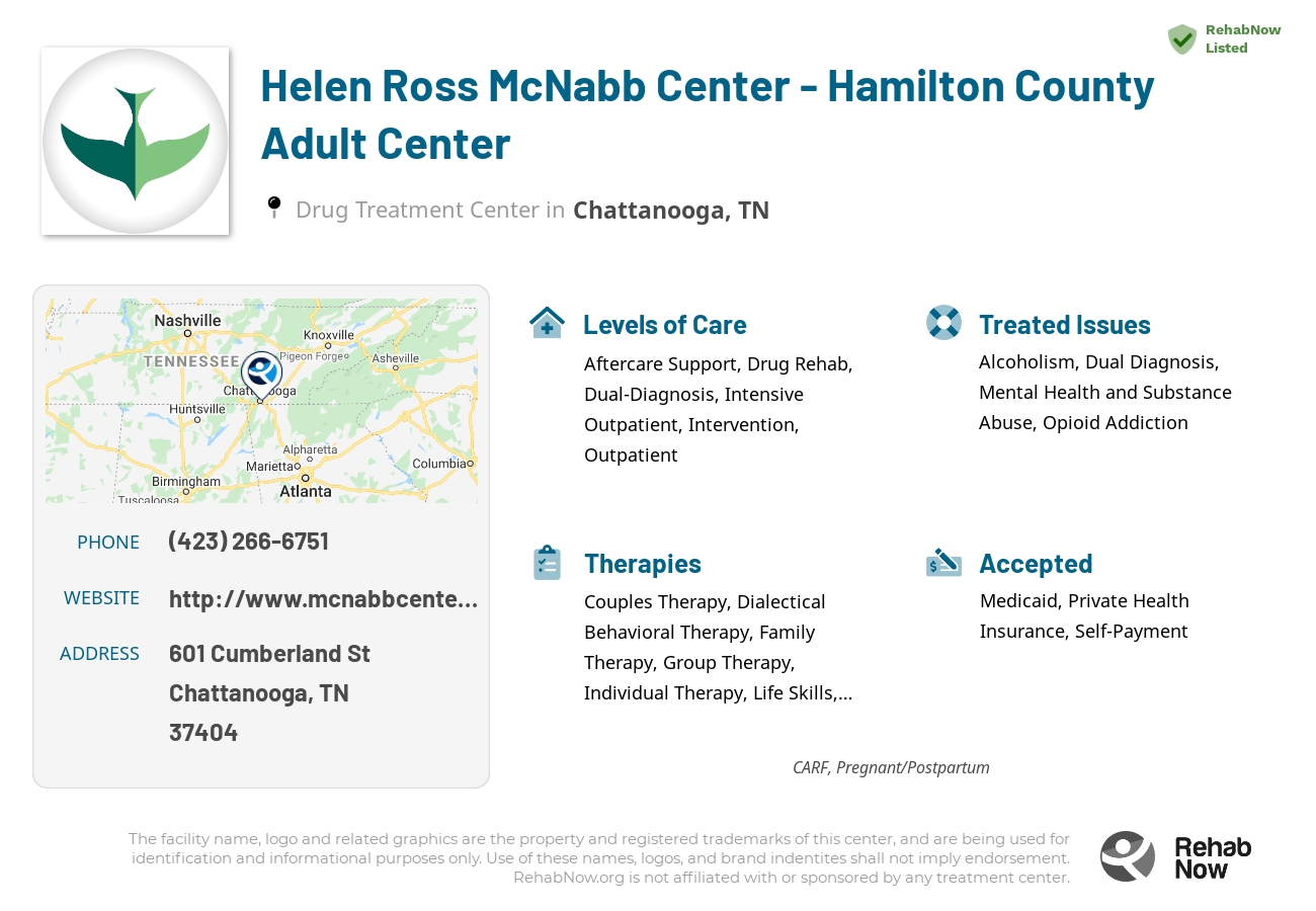 Helpful reference information for Helen Ross McNabb Center - Hamilton County Adult Center, a drug treatment center in Tennessee located at: 601 Cumberland St, Chattanooga, TN 37404, including phone numbers, official website, and more. Listed briefly is an overview of Levels of Care, Therapies Offered, Issues Treated, and accepted forms of Payment Methods.