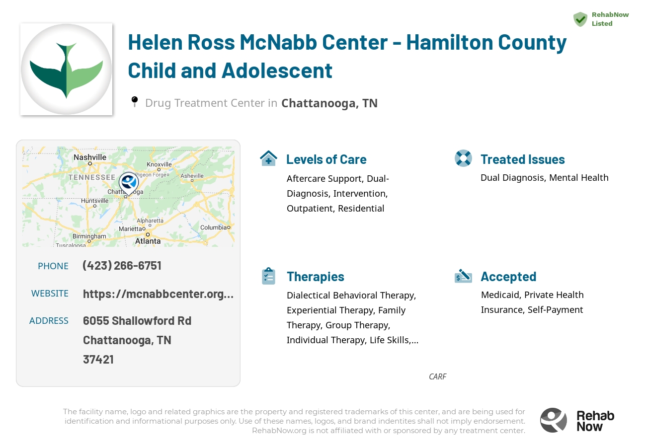 Helpful reference information for Helen Ross McNabb Center - Hamilton County Child and Adolescent, a drug treatment center in Tennessee located at: 6055 Shallowford Rd, Chattanooga, TN 37421, including phone numbers, official website, and more. Listed briefly is an overview of Levels of Care, Therapies Offered, Issues Treated, and accepted forms of Payment Methods.