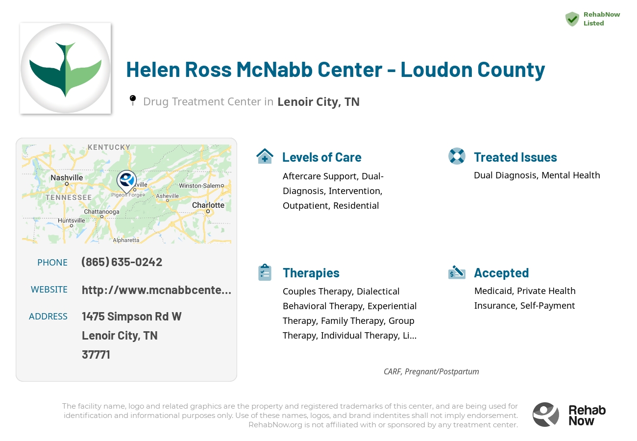 Helpful reference information for Helen Ross McNabb Center - Loudon County, a drug treatment center in Tennessee located at: 1475 Simpson Rd W, Lenoir City, TN 37771, including phone numbers, official website, and more. Listed briefly is an overview of Levels of Care, Therapies Offered, Issues Treated, and accepted forms of Payment Methods.
